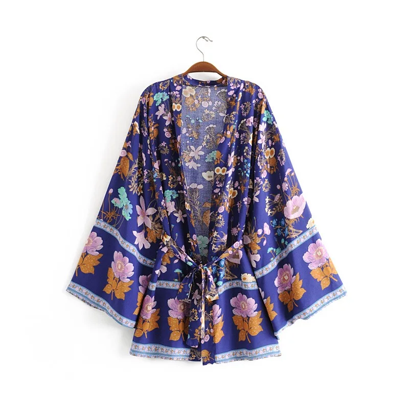 BO00-Kimono jaune bohème pour femmes, col en V, imprimé floral, chemise de plage de vacances, marée, ceintures à nœud, cardigan mi-long, chemisier