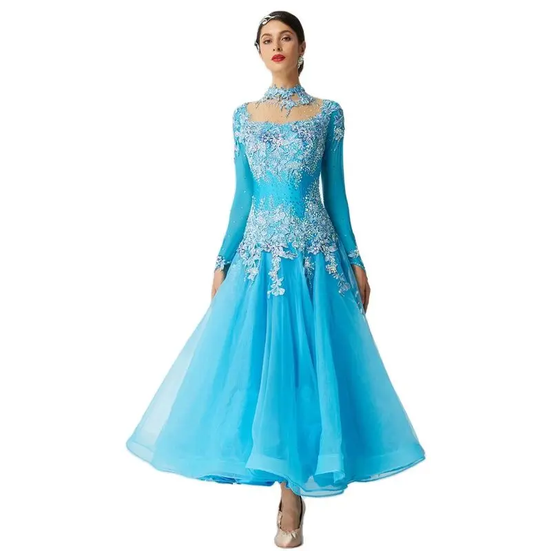 

B-2081 Competition Sky Blue American Sexy Ballroom Dance Dress High Quality Standard Lyrical Dance Costume Dress For Sale