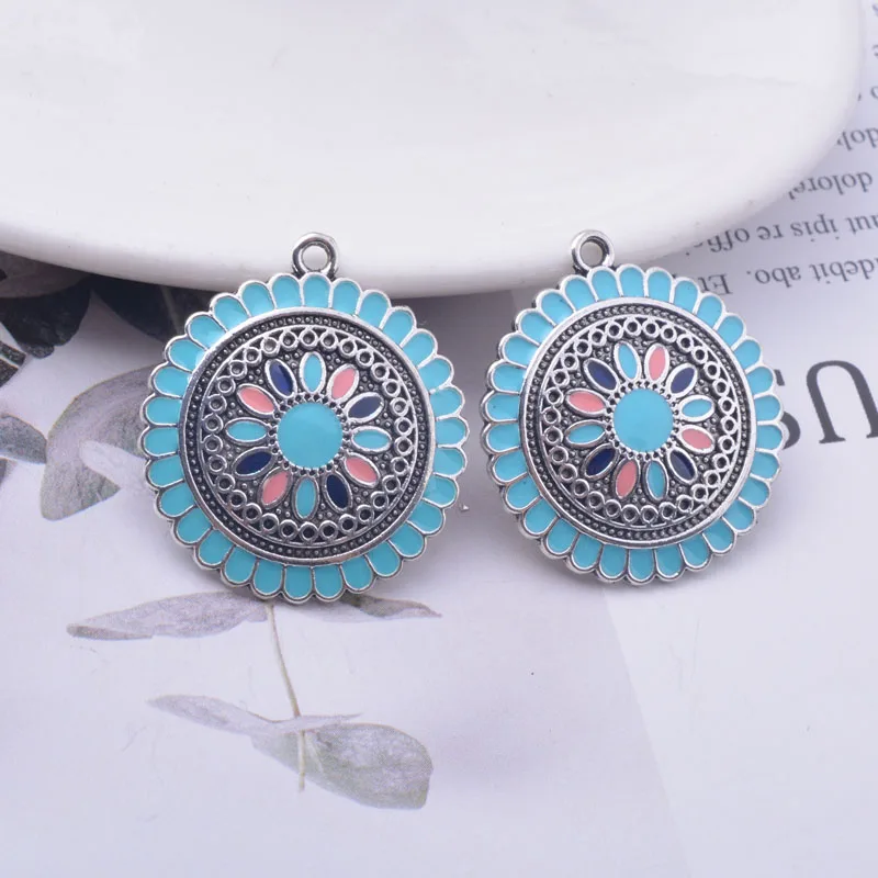 12pcs/lot 30*27mm  Alloy Ancient Silver plated Round Enamel Charms Ear Pendant DIY Bohemian Style  Jewelry Earring Components