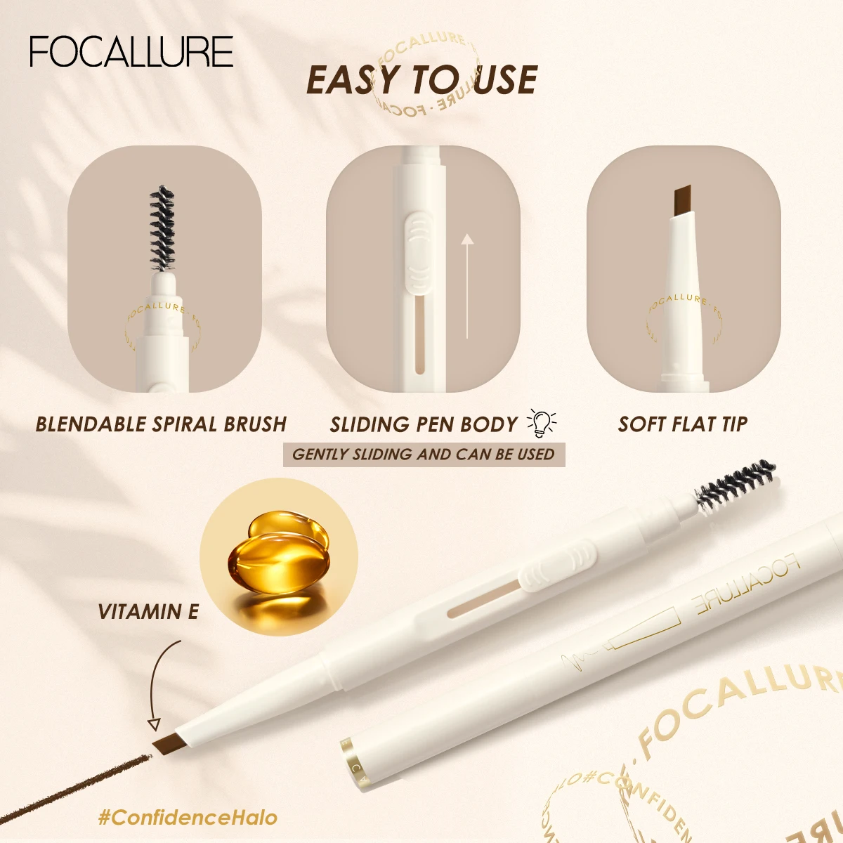 FOCALLURE-Crayon de Tatouage Coulissant pour Sourcils, Maquillage Naturel, Super Étanche, Longue Durée, Noir et Marron, Vente en Gros