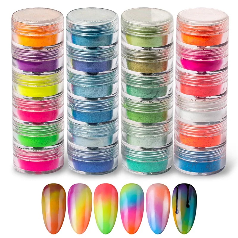 6 Box Neon Pigment Powder Nail Fluorescence Gradient Glitter Summer Shinny Dust Ombre DIY Nail Art Decor Manicure