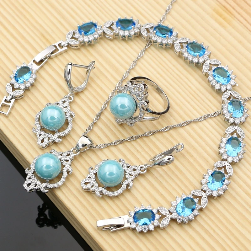 

Sky Blue Pearl Brldal 925 Sterling Silver Jewelry Sets Wedding Bridal Stones Bracelet Rings Kits Gift for Her