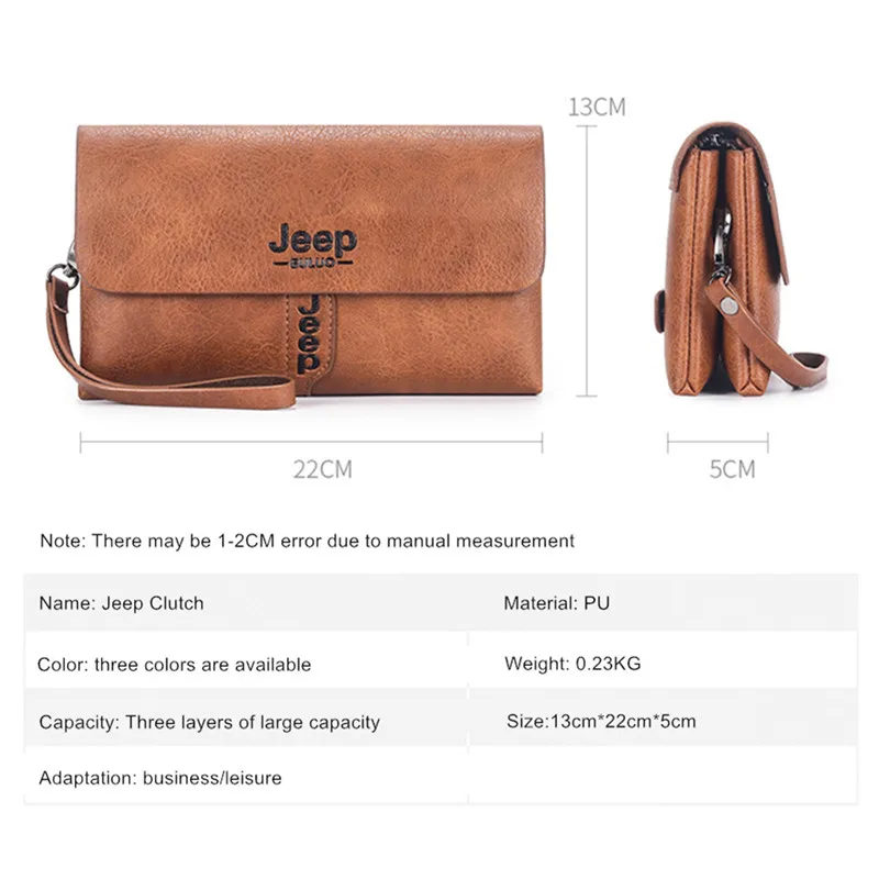 JEEP BULUO Mens Wallet Clutch Bag PU Leather Coin Purse Long Fashion Handbag Business Style Men\'s Card Bags Soft Key Bag