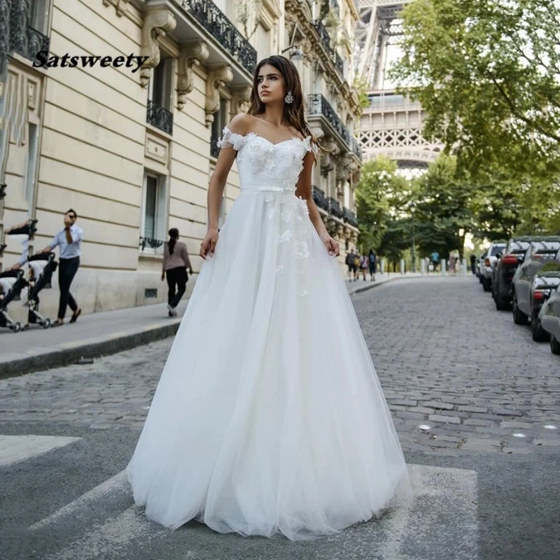 

Elegant A-line Wedding Dress Sweetheart Hammer Peals Satin and Tulle Beading Bridal Gown Off The Shoulder Sleeves with Flowers