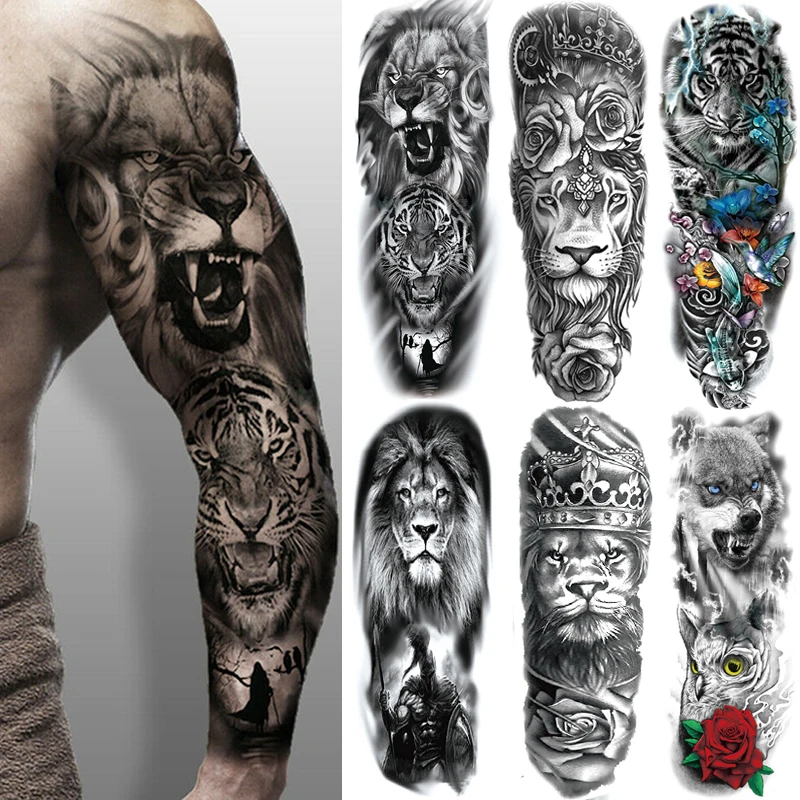 Große Arm Hülse Lion Crown König Rose Wasserdicht Temporäre Tattoo Aufkleber Mode Wilden Wolf Tiger Männer Voller Schädel Totem Frauen