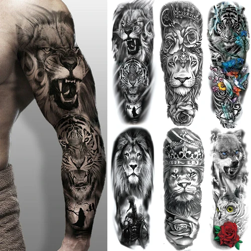 Manga de brazo grande, corona de León, rey, rosa, tatuaje temporal resistente al agua, pegatina, moda, lobo salvaje, tigre, hombres, tótem de calavera completa para mujeres