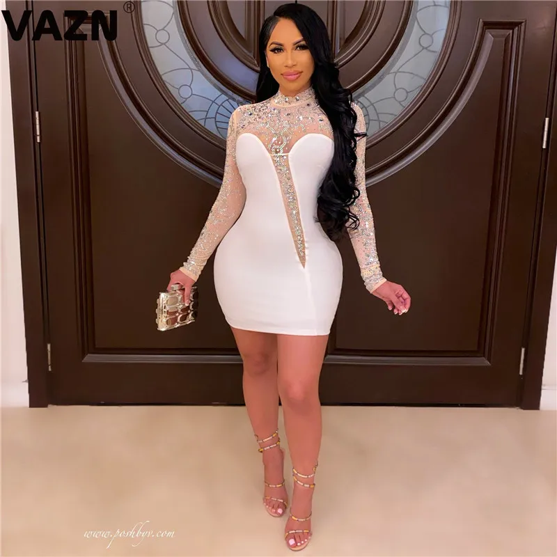 VAZN New 2021 Age reduction Patchwork O-neck Evening Gown Women Elegant Fashion Mini Dress Club Birthday Shinny Dress