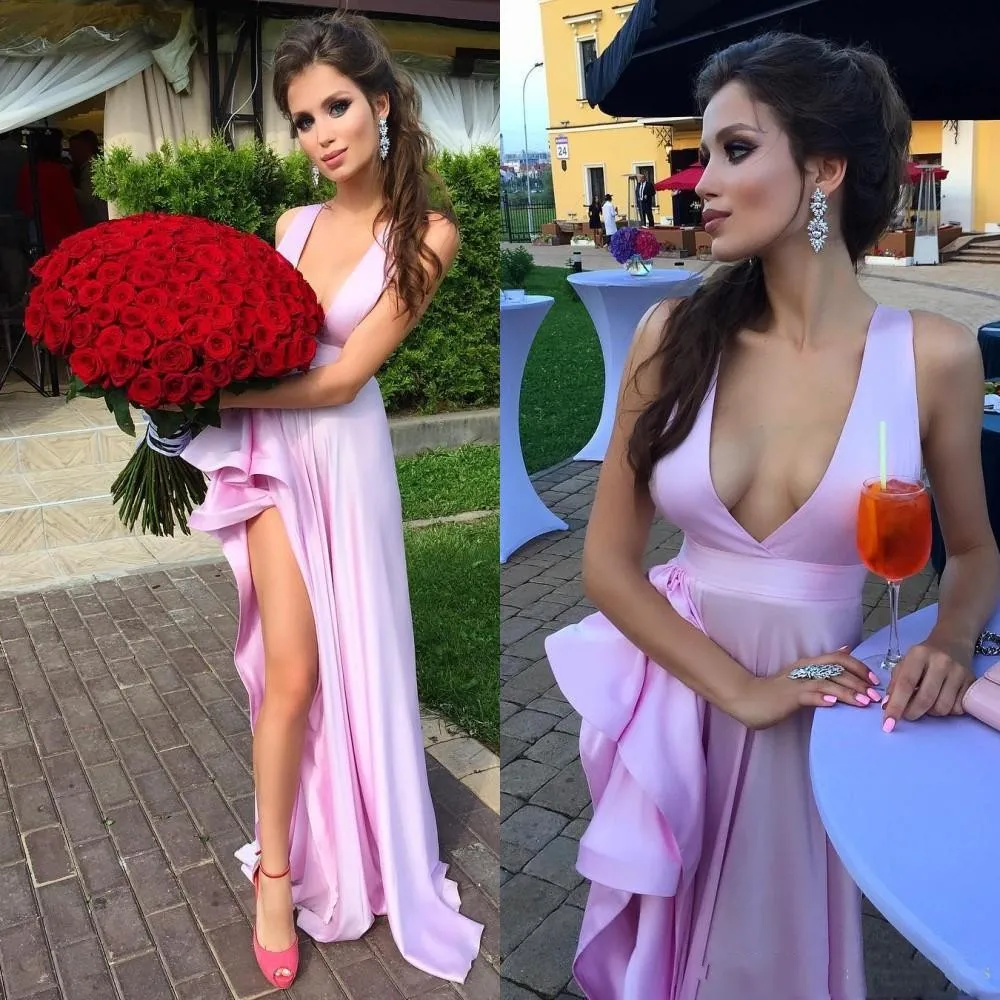 

Charming Pink V Neck Satin Evening Gowns Sexy High Split Prom Dresses Cheap Formal Party Dress robe de soriee