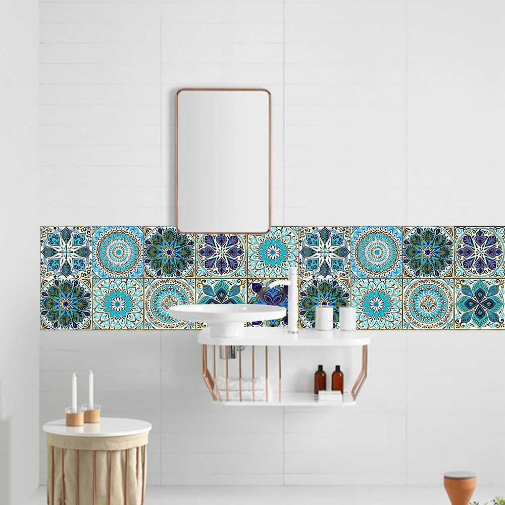 Dream Blue Mandala Style Matte Surface Wall Sticker Non-slip Tile Decoration Film For Tile /Ground in Kitchen Bathroom Art Mural