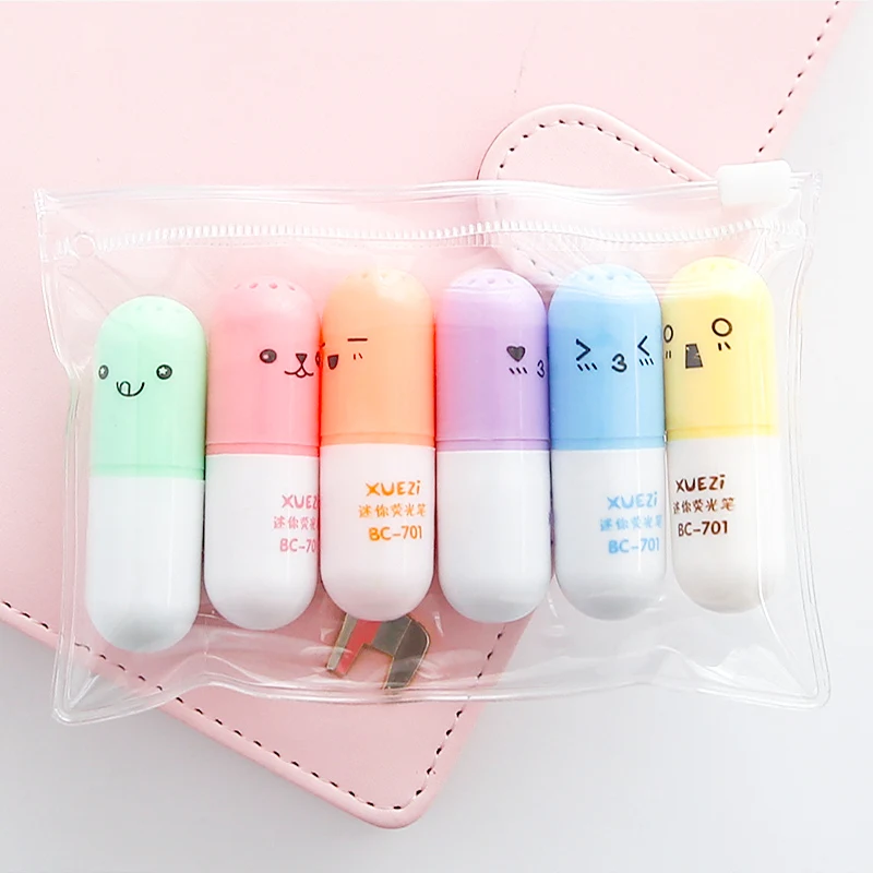 6PCS Cute Mini Smiling Face Pill Highlighter Lovely Cartoon Painting Pen Marking Pens Students Learn Stationery Supplies