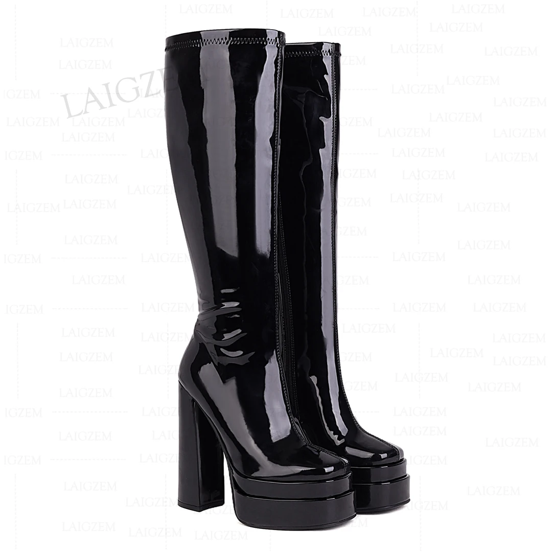 LAIGZEM Women Knee High Boots Platform 14CM Chunky High Heels Tall Boots Full Zip Up Unisex Shoes Woman Big Size 33 38 42 43