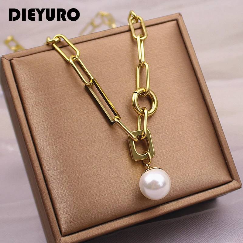 DIEYURO 316L Stainless Steel Elegant Round Freshwater Pearl Pendant Chain For Women Cool Chick Chain Golden Jewelry Decoration