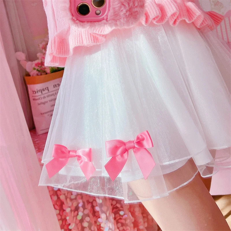 Korean Fashion Mini Skirt Women School Girls Lolita Kawaii White Tulle Pleated Tutu High Waist Skater Aesthetic Short Skirts