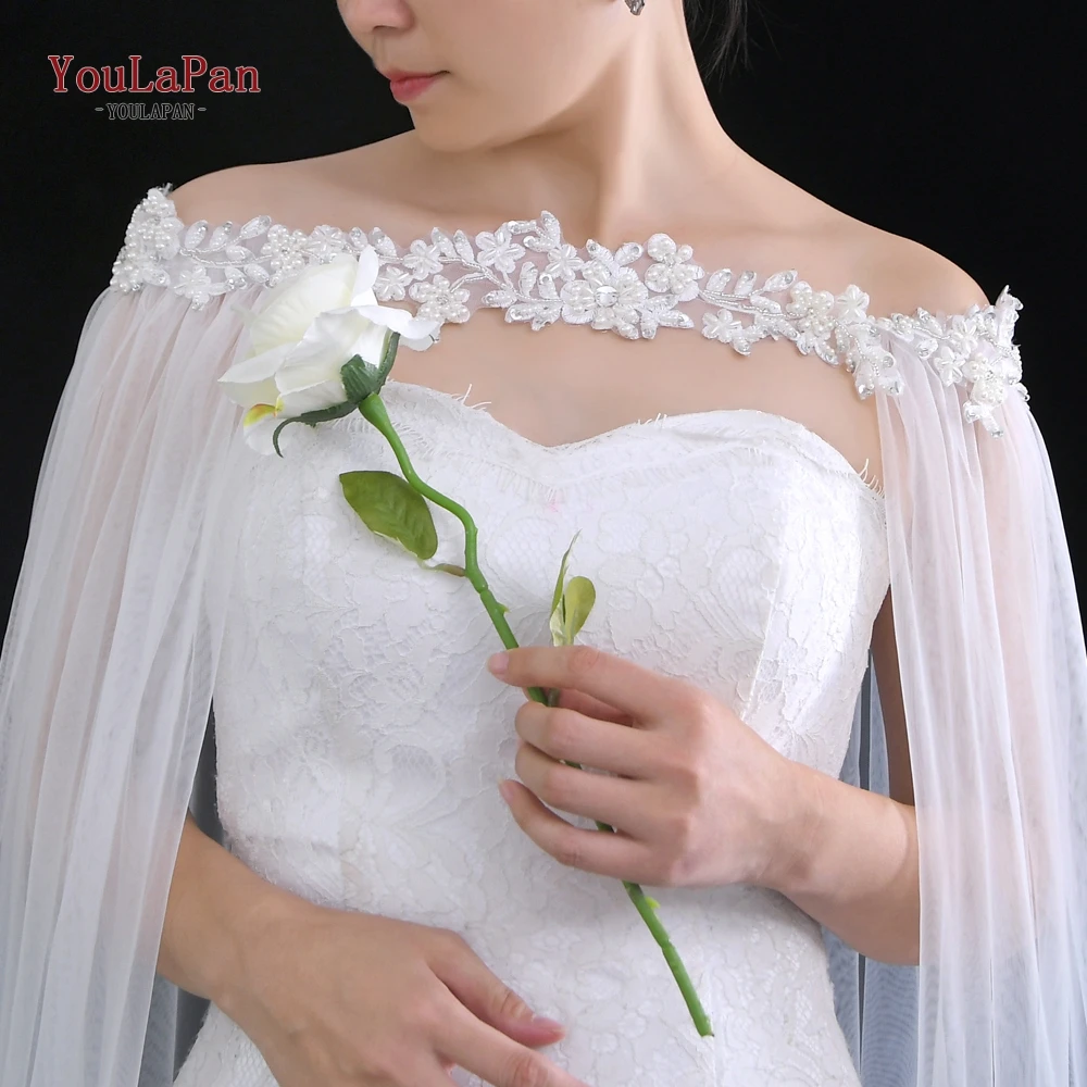 YouLaPan G26 Bridal Bolero Plus Size Wedding Cloak 3M long Shoulder Cover Cathedral Bride Shawl Rhinestones Beads DIYbridal Cape