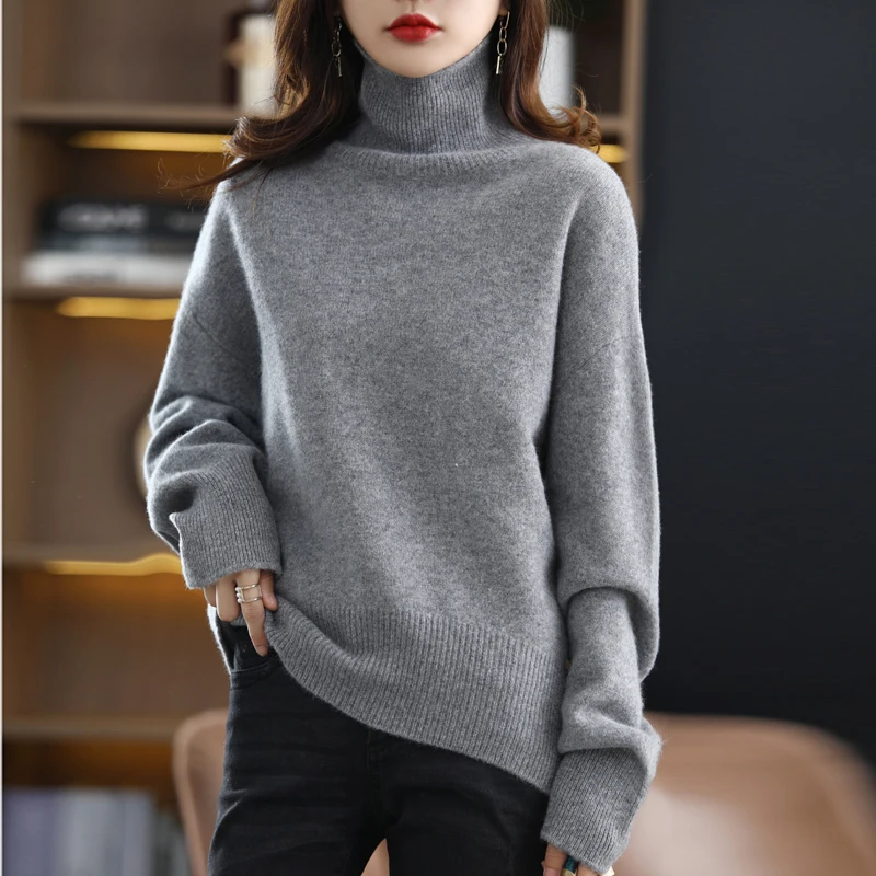 

Wool Sweater Women 2021 Autumn and Winter New 100% Pure Wool Turtleneck Sweater Ladies Loose Thick Pullover Cashmere Sweater Top