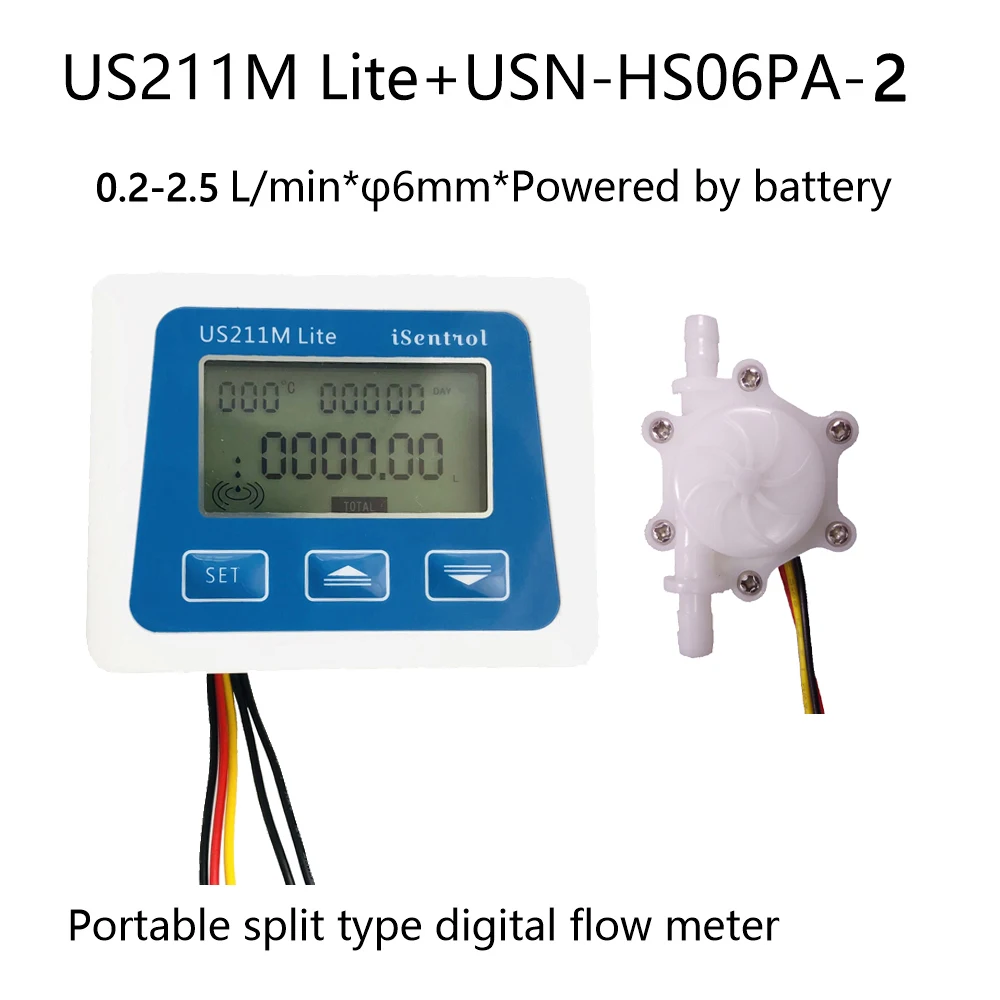 

US211M Lite Portable Digital Flow Meter with USN-HS06PA-2 0.2-2.5LPM 6mm OD hose barb Flow Sensor Isentrol Technology