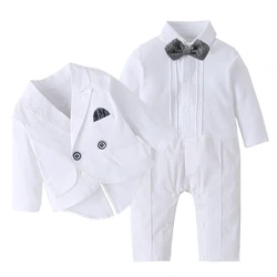 Long Sleeve White Baby Baptism Dress for Boys Romper with Double Breasted Coat Solid Newborn Children Set Infant Autumn Outfit