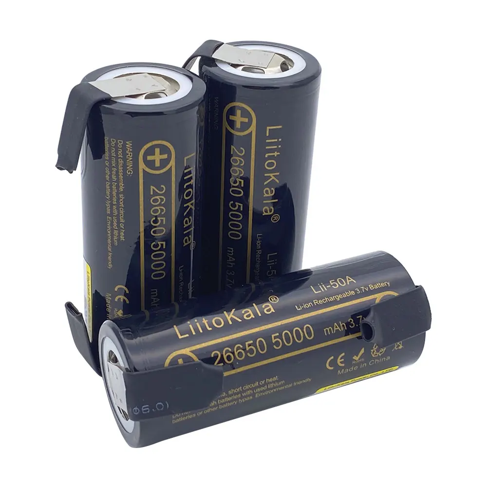 2020 High Capacity LiitoKala 3.7V 26650 5000mah Li-ion Rechargeable Battery Lii-50A-N 26650 battery for Flashlight + DIY nickel