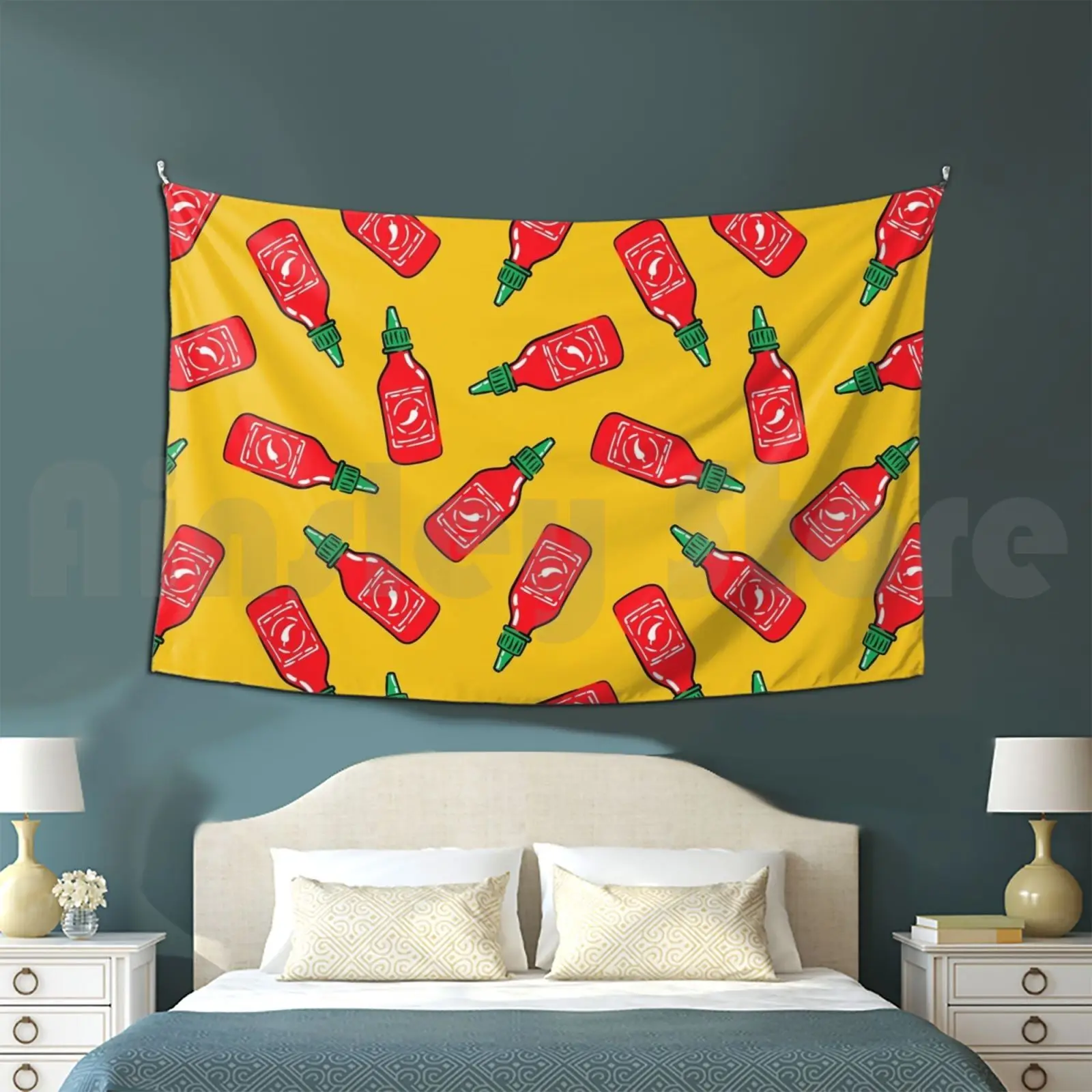 Sriracha Sauce-Yellow-Hot Chili Sauce Tapestry Living Room Bedroom Sriracha Sauce Hot Chili Sauce Polka Dots Little