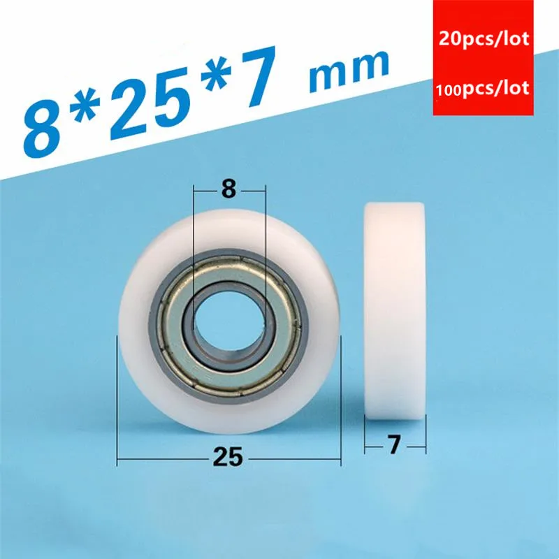 20pcs/100pcs flat roller bearing 8*25*7mm 698ZZ 698 POM nylon plastic coated pulley guide wheel 8x25x7 mm