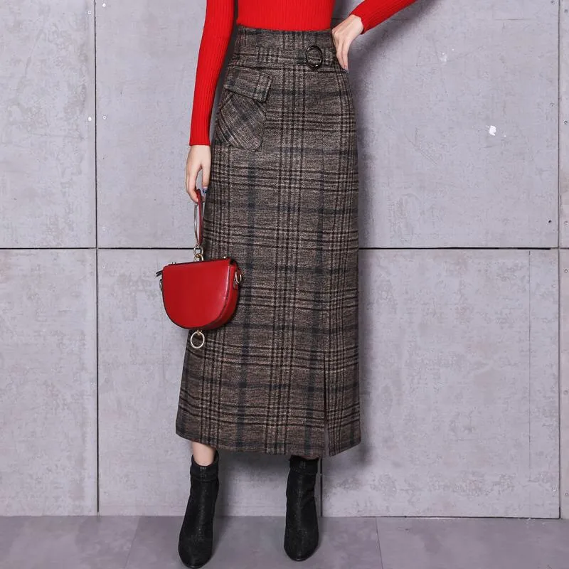 Elegant Retro Female Hight Waist Woolen Long Plaid Skirt Women Casual Straight Vintage Fashion Maxi Skirt Jupe Longue Femme Slim