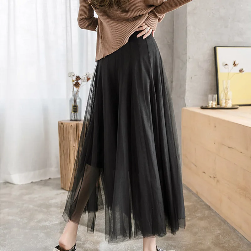 Pink Gray 98cm Long Maxi Ankle Length Tulle Skirt Womens 2022 New Spring Summer High Waist Pleated School Mesh Tutu Skirt Female