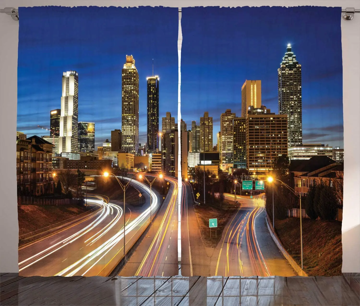 Cityscape Curtains Vibrant Image of Atlanta Downtown at Nighttime Multiple Lane Highway Skyscrapers Living Room Bedroom Window