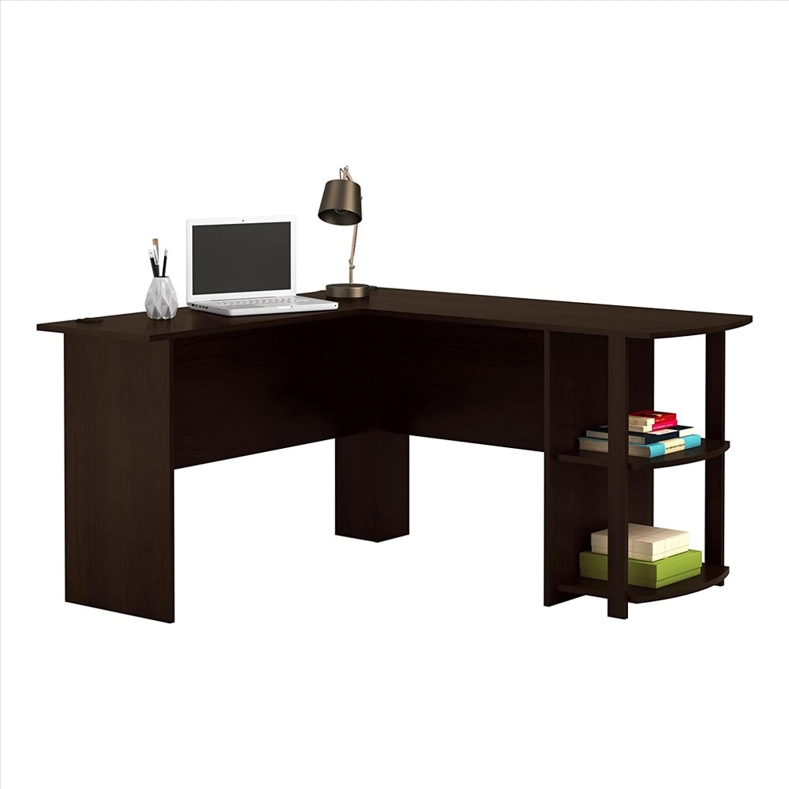 FCH L-Shaped Wood Right-angle Computer Desk Computer Table Home Office Table with Two-layer Bookshelves Dark Brown