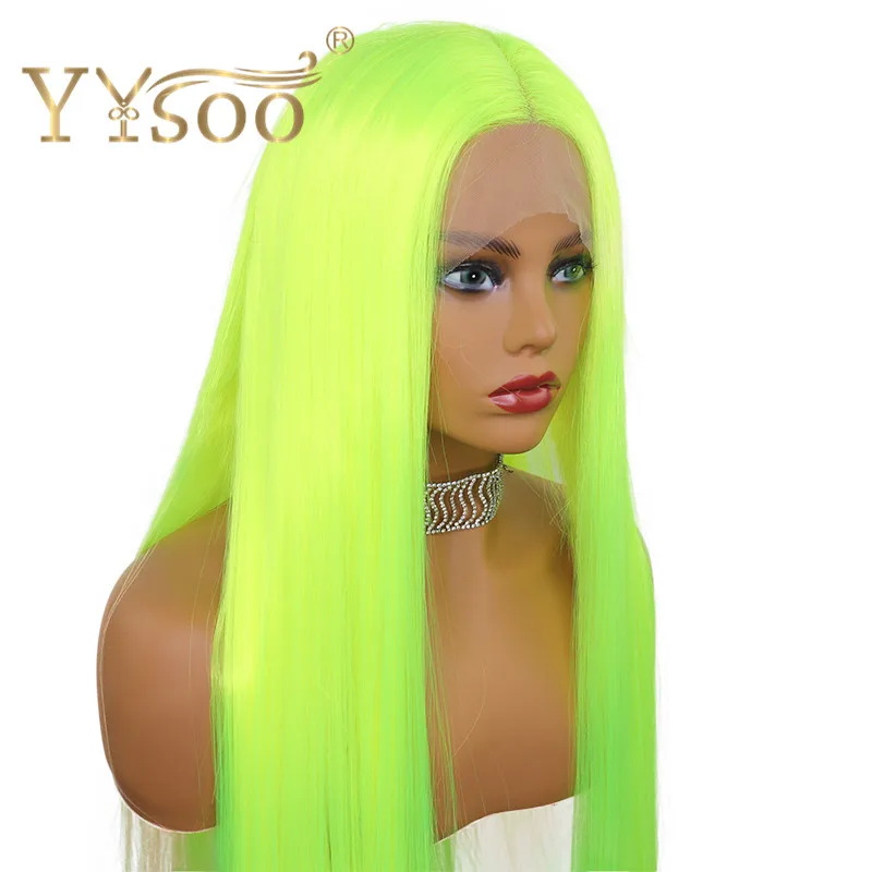 YYsoo Wig Sintetik Lurus Sutra Hijau Neon Panjang Wig Depan Renda Tanpa Lem untuk Wanita Wig Hijau Cosplay Tahan Panas