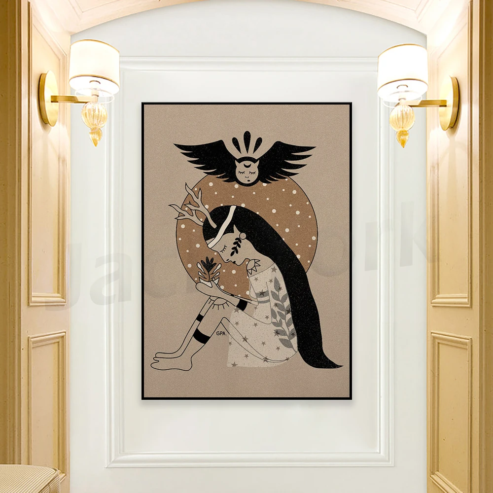 Miracle Print, Owl Familiar, Spiritual Decor, Bird Poster, Moon Poster, Mystical Decor, Female Illustration, Soulmate Drawing