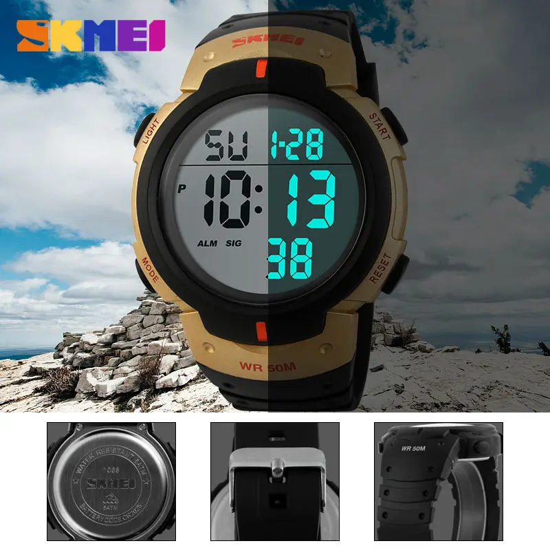 SKMEI 1068 Fashion Outdoor Sport Watch Men Big Dial Led Digital 5Bar Waterproof Wristwatch reloj hombre Luxury Brand Man Watches