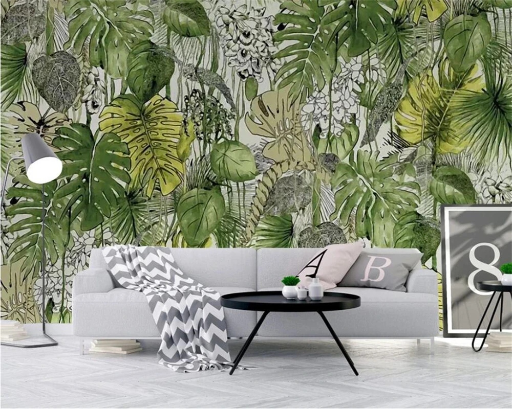 beibehang Custom modern nordic minimalist hand painted tropical leaves small fresh tv sofa background papel de parede wallpaper