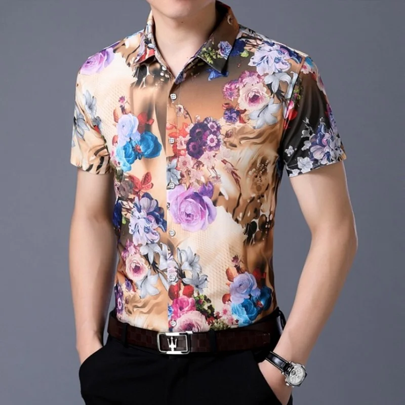 Hawaiian Summer Floral Printed Mens Short Sleeve Shirts Single Breasted Vintage Holiday Loose Fit Large Size Men Button Up Shirt