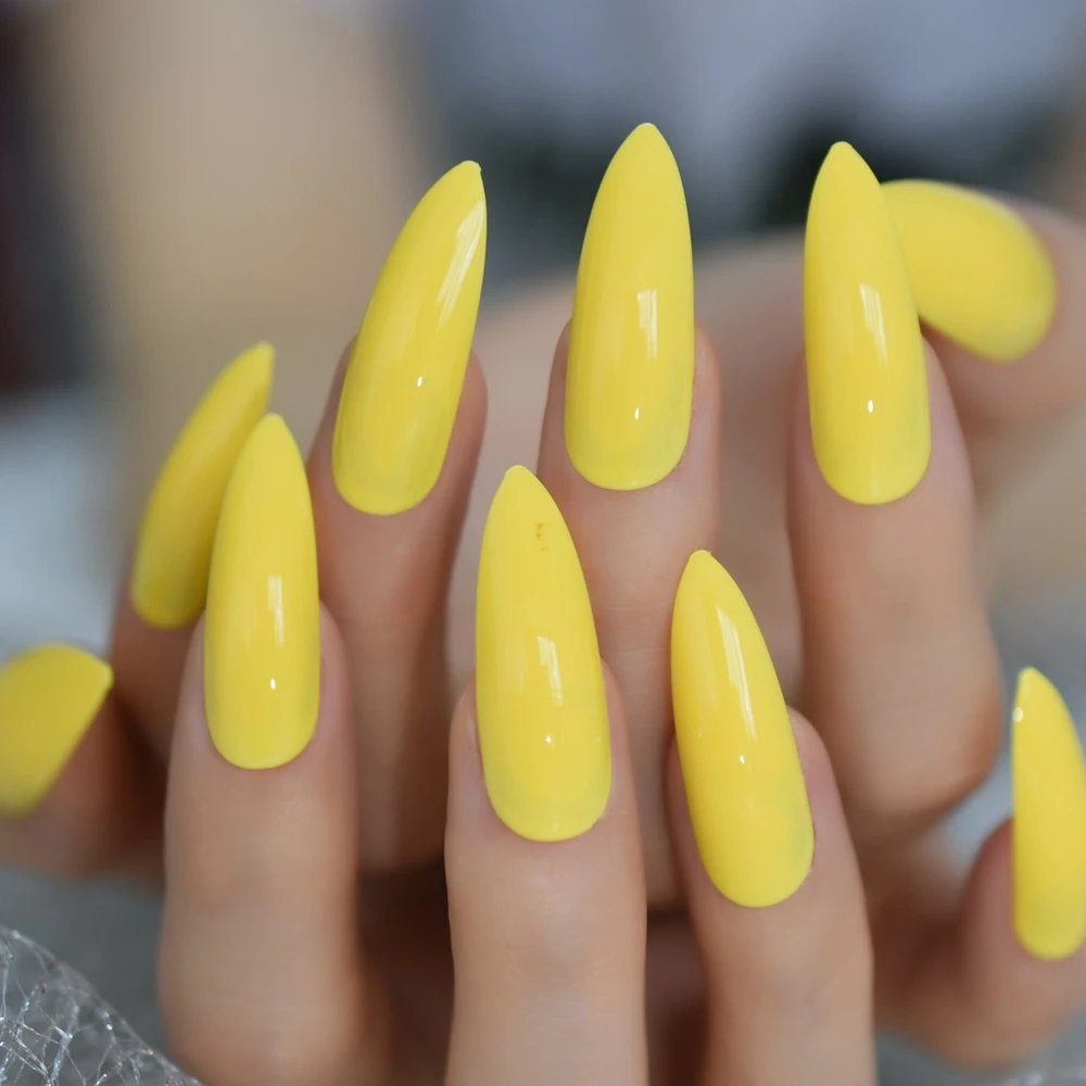 Faux doigts structurels ents extra longs, jaune fluo, à pression, stiletto, brillant, gel, rubans adhésifs gratuits, N64