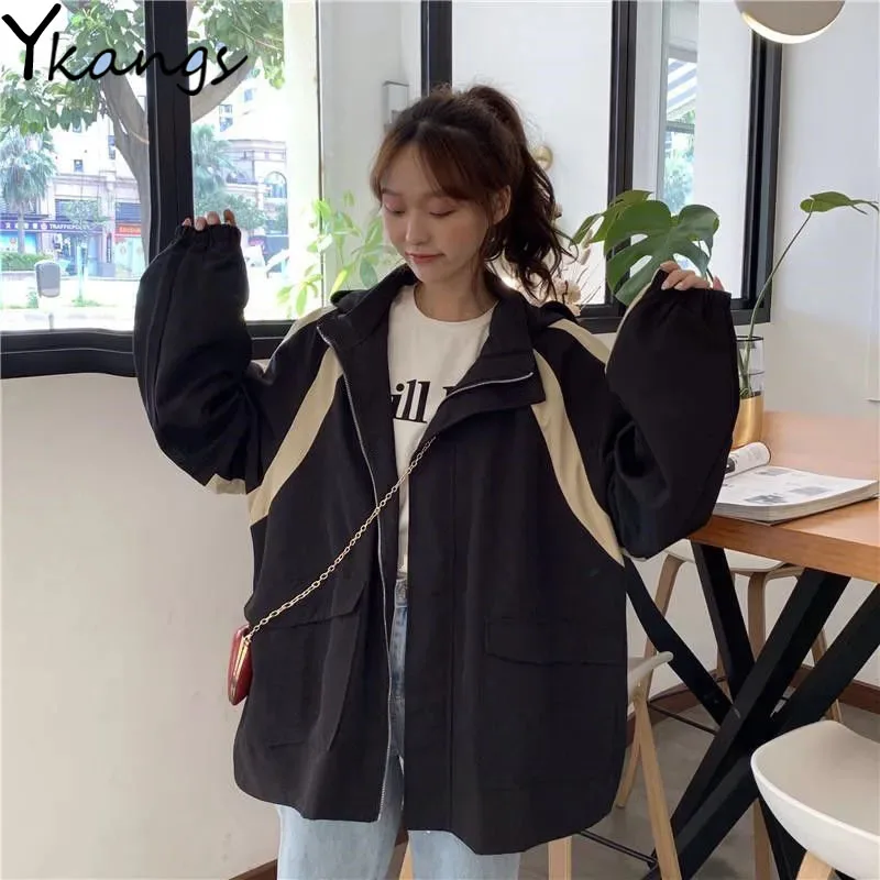 

Korean Style Loose Color Matching Women's Jacket Harajuku Style All-match Hooded Ladies Cardigan 2021 Fashion Casual Zipper Top