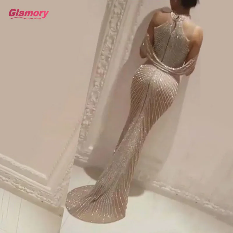 ทอง Heavy Beading สูงแขนสั้นเซ็กซี่ Mermaid ชุดเดรสสุดหรูชุดราตรี Gowns สำหรับผู้หญิง