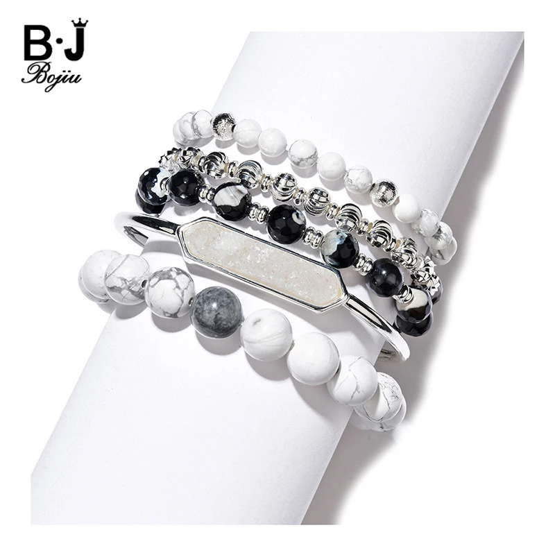 BOJIU Women's Statement Bracelets Set Natural Stone Howlite Agates Faceted Crystal Beaded Bracelet Druzy Cuff Bangles BCSET313