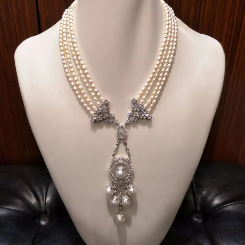 Hand knotted natural 4-5mm white rice freshwater pearl micro inlay zircon short necklace fashion jewelry