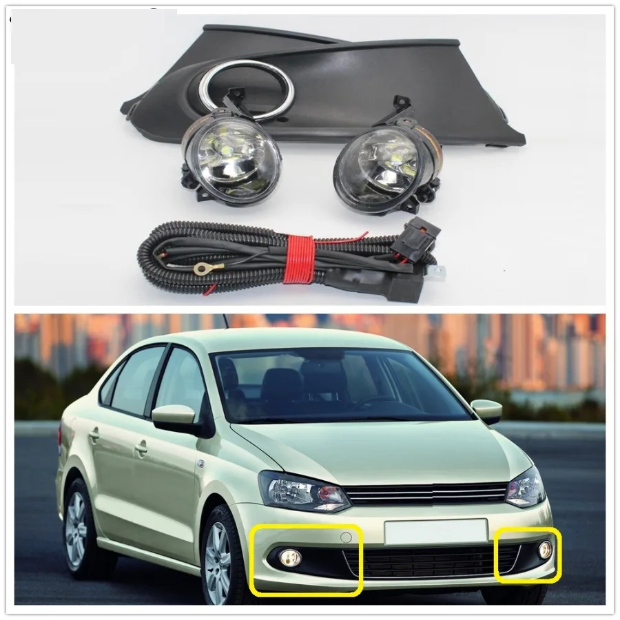 Car Lights For VW Polo Vento Sedan Saloon 2011 2012 2013 2014 2015 2016 LED Fog Light Lamp + Grille Cover + Harness Assembly