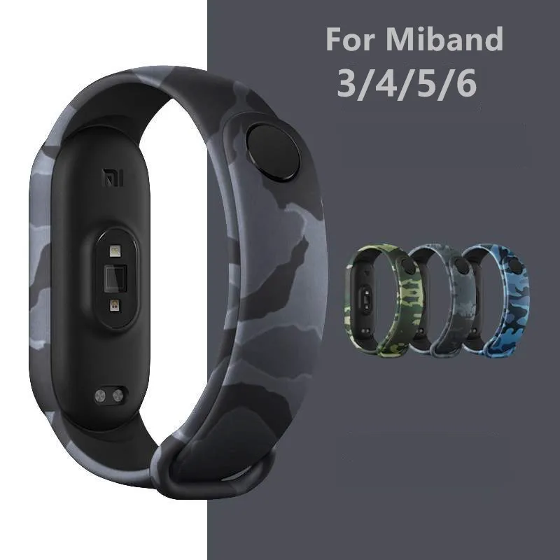 CamouflageซิลิโคนสําหรับXiaomi Mi Band 6 5 4 3 NFCกีฬาสมาร์ทสร้อยข้อมือสีฟ้าสีเขียวเปลี่ยนสายนาฬิกาสําหรับMiband 4 5 6