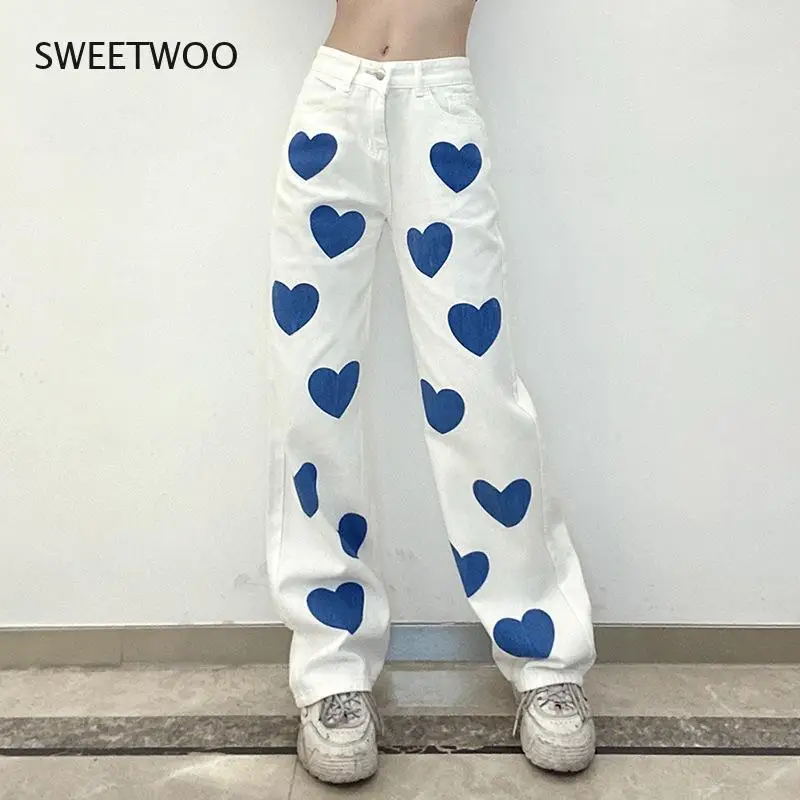 

Heart Print Casual Straight Jeans Women High Waisted Streetwear Loose Denim Pants Pockets Vintage Capris Harajuku Summer