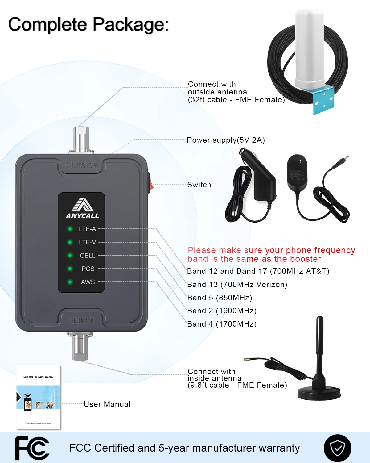 Wzmacniacz sygnału telefonu komórkowego 4G LTE 700/850/1700/1900 MHz dla AT&T Verizon T-Mobile Band 12/13/17/5/4/66/2 RV Truck Boats