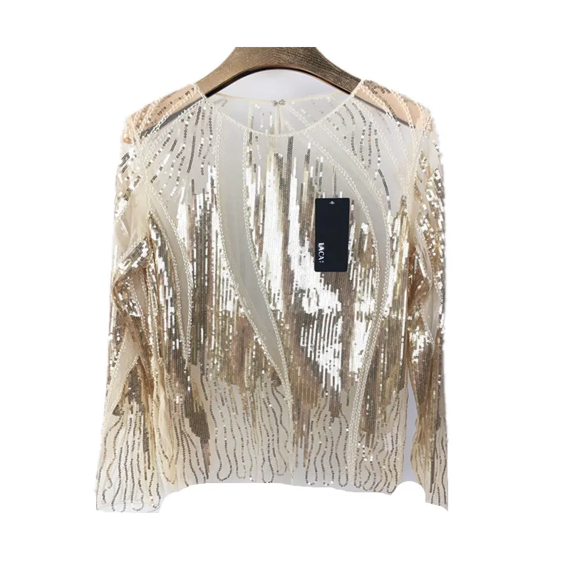 여성용 긴팔 자수 스팽글 비즈 블라우스, 쉬어 레이스 메쉬 블라우스, 섹시한 바디 탑, 여성 셔츠, 여름