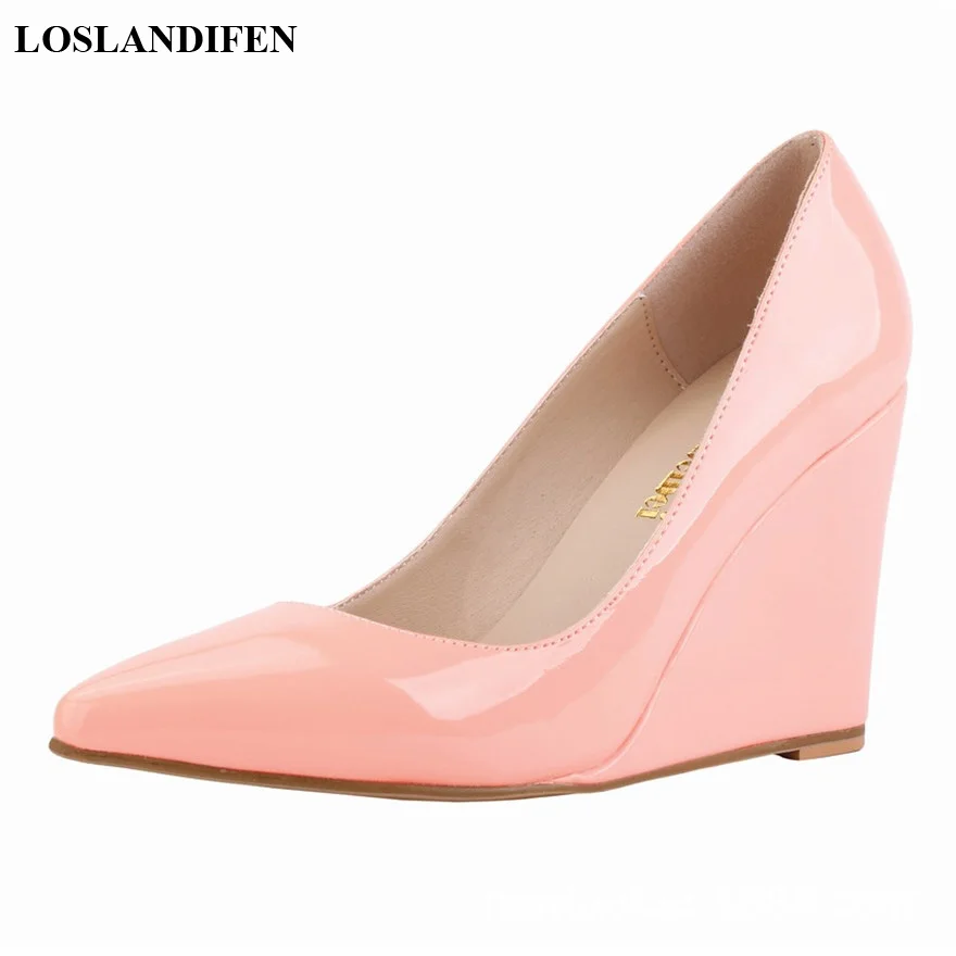 14 Colors Women Patent Leather Wedge Shoes Autumn Pointy Toe Shallow Woman Pumps Red Yellow High Heels Female Wedding Dress Shoe