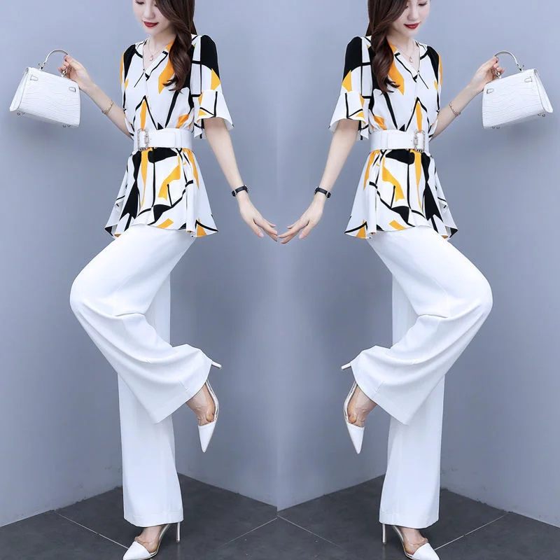 Women\'s Suit 2022 Summer New Elegant Short Sleeve Fashion Loose Crop Top High Waist Wide Leg Pants 2 Piece Set Plus Size Clothes