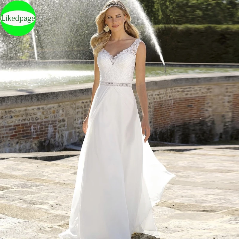 Boho Hochzeit Kleid 2021 Vestidos De Noiva V-ausschnitt Taste Bodenlangen Prinzessin Braut Kleid Chiffon-EINE Linie Trouwjurk Robe Mariage