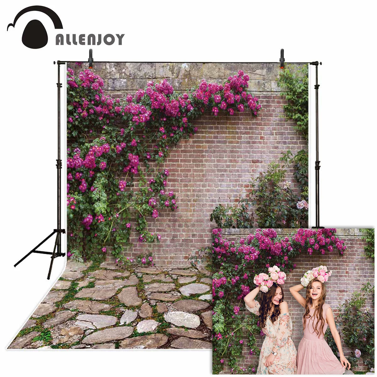 Allenjoy photophone background spring Easter garden flower vine brick wall stone floor photography studio backdrop photocall