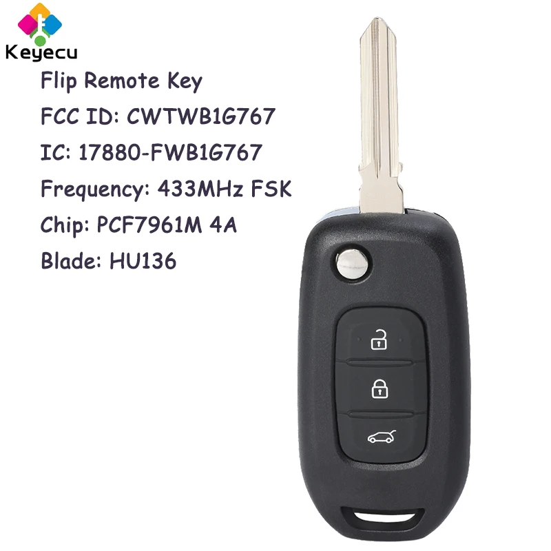 

KEYECU Flip Remote Car Key With 3 Buttons 433MHz 4A Chip HU136 Blade for Renault Kadjar Captur Megane 3 Kaptur Fob CWTWB1G767