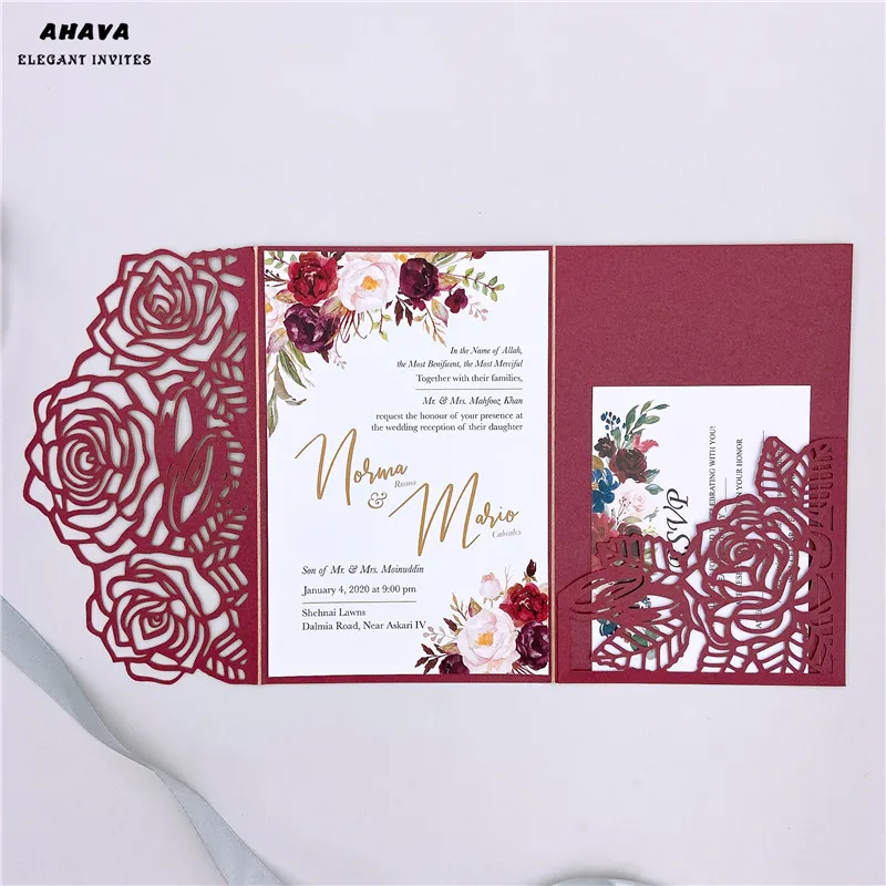 

Burgundy wedding invitation with rings, tri fold wedding invitation, Quinceanera floral pocket envelope