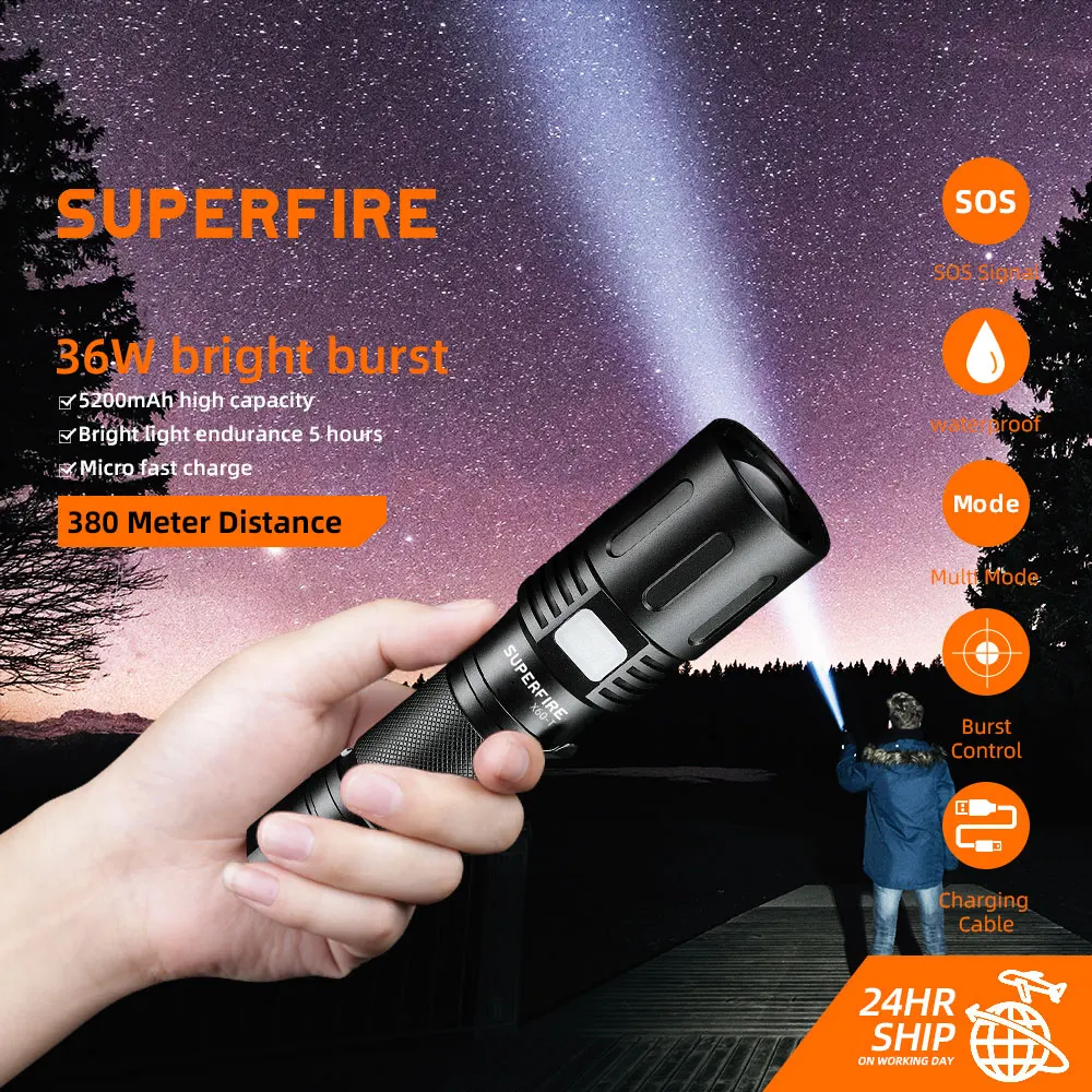 SUPERFIRE X60-T Powerful Rechargeable LED Flashlight 26650 Ultra Bright Torch waterproof Zoomable Camping Fishing Lantern